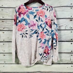 CJ Banks 1X Floral Print Long Sleeve Blouse White Pink Blue Stretch Top with Sid